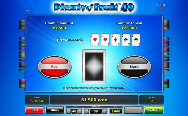 Gamble Feature Rules - The feature is available after each winning spin. Last win amount becomes your stake in the Gamble game. Your goal is to guess the color of the next card.