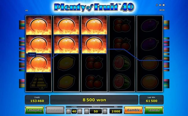 An 8,500 big win triggered by multiple winning paylines of oranges