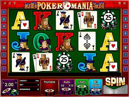 A poker themed main game board featuring five reels and 9 paylines with a $20,000 max payout