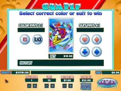 Gamble feature is available after each winning spin. Select color or suit to play.