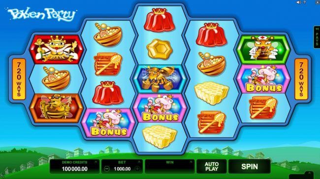 A honey bee themed main game board featuring five reels and 720 winning combinations with a $440,000 max payout.