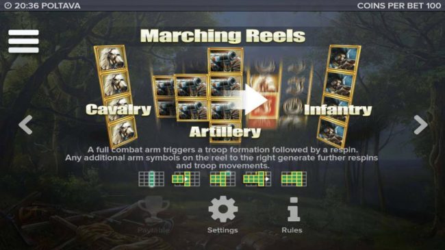 Marching Reels - A full combat arm triggers a troop formation followed by a respin. Any additional arm symbols on the reel to the right generate further respins and troop movements.