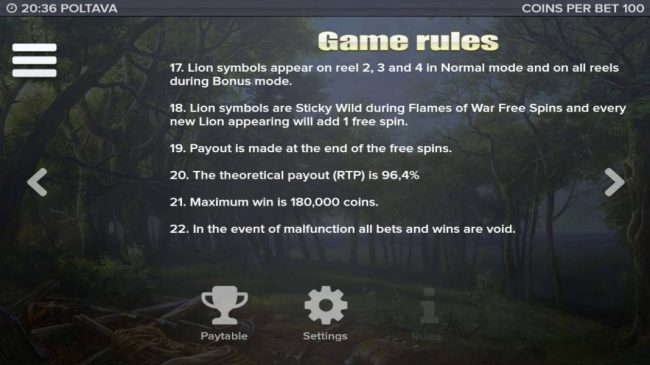 General game rules 17 to 22, The theoretical payout (RTP) is 96.4%