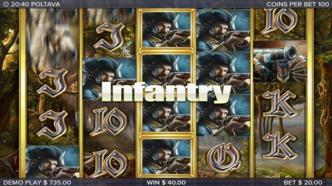 Infantry Marching Reels triggered by stacked riflemen on reel 3. All other reels are respun.