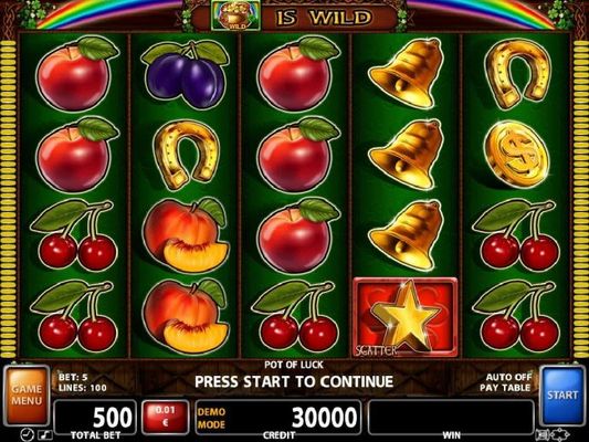 A fruit themed main game board featuring five reels and 100 paylines with a $25,000 max payout