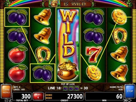Stacked Pot of Gold wild symbol on reel 3 triggers multiple winning paylines.