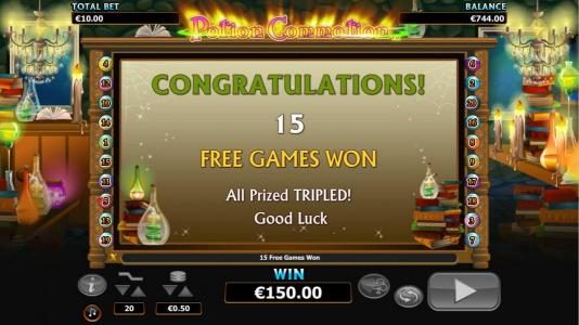 15 free games awarded - all prizes tripled