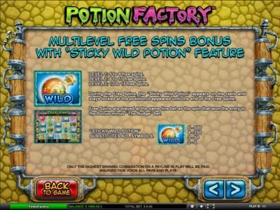 multilevel free spins bonus with sticky wild potion feature rules