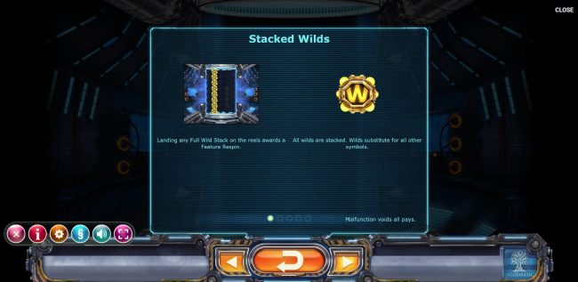 Stacked Wilds - Landing any full wild stack on the reels awards a feature respin. All wilds are stacked. Wild substitute for all symbols.