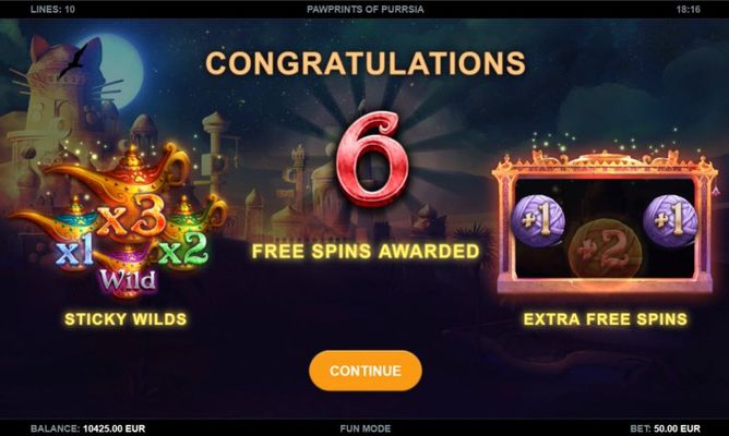 6 free spins awarded