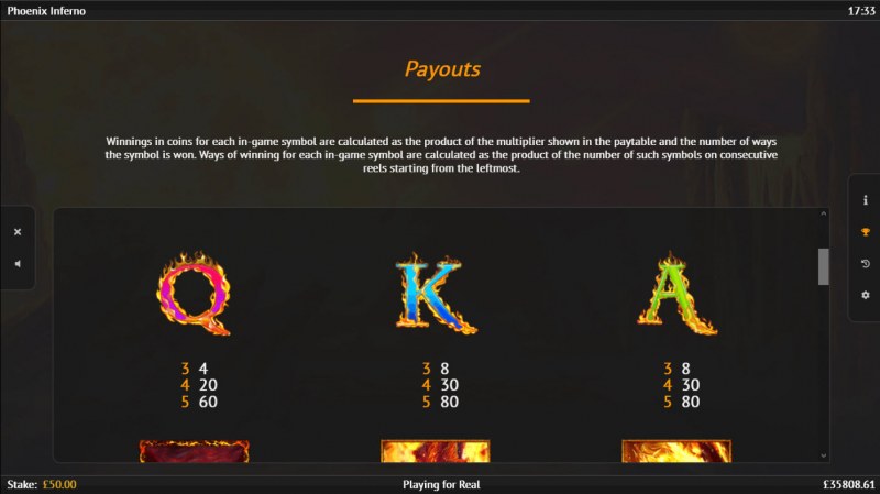 Phoenix Inferno :: Paytable - Low Value Symbols