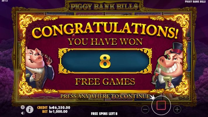 8 free spins awarded