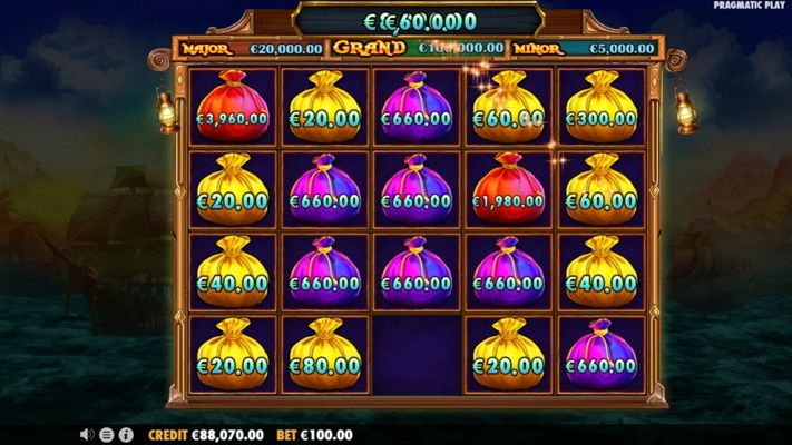 Pirate Gold Deluxe :: Game play ends when no more money bag symbols appear on the reels