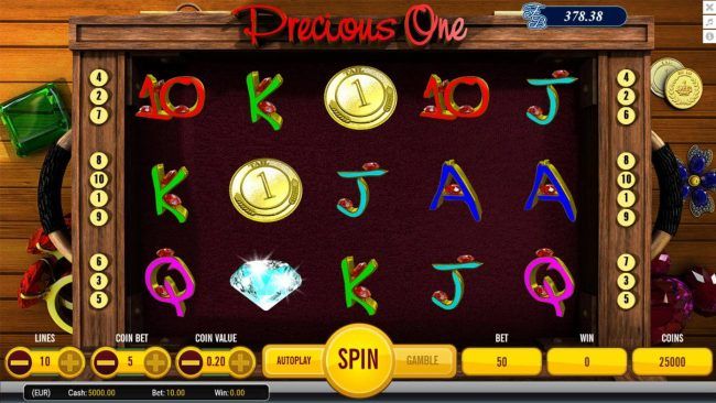 Main game board featuring five reels and 10 paylines with a $9,000 max payout.