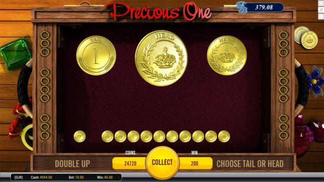 Double Up Feature - To gamble any win press Gamble then select Heads or Tails