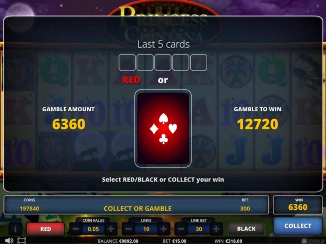 Gamble Feature - To gamble any win press Gamble then select Red or Black.