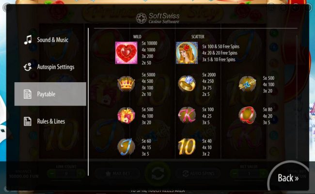 Slot game symbols paytable.