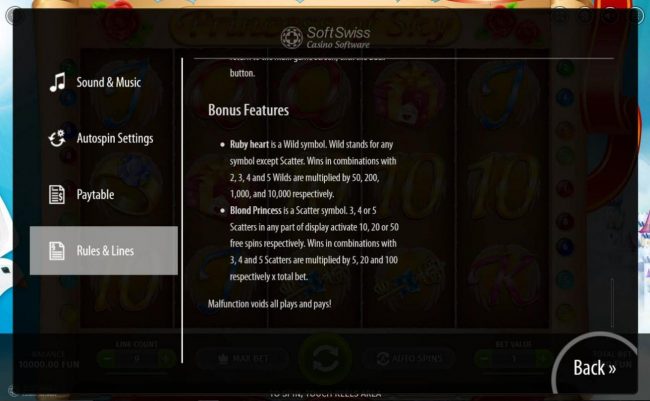 Bonus Feature Rules - Ruby Heart si wild and substitutes for symbols except scatters. Blonde Princess is a scatter symbol. Three or more scatter in any part of the display activate 10, 20 or 50 free spins respectively.