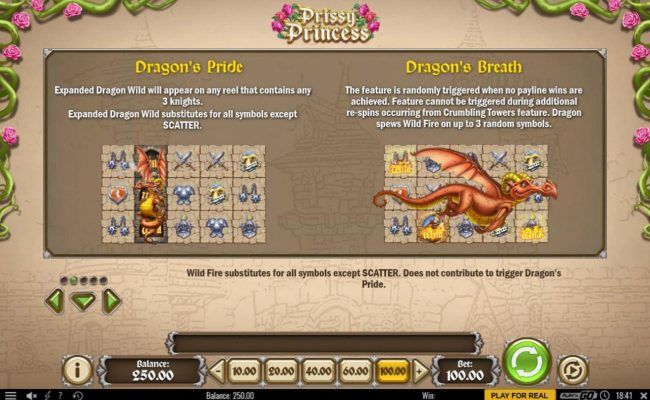 Dragons Pride - Expanded dragon wild will appear on any reel that contains any 3 knights. Dragons Breath - The feature is randomly triggered when no payline wins are achieved.
