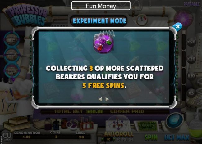 Collecting three or more scattered beakers qualifies you for 5 free spins.
