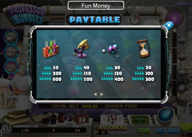 High value slot game symbols paytable - symbols include test tubes, a microscope, an atom and a hourglass.