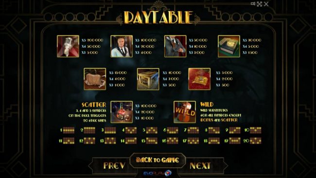 Slot game symbols paytable and Payline Diagrams 1-20
