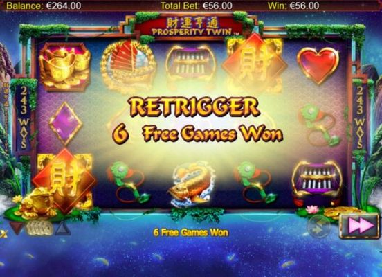 Landing 2 scatter symbol during the free spins feature awards player an additional 2, 6 or 8 free games.