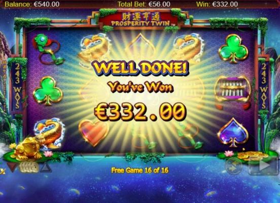 Total free spins payout 332.00