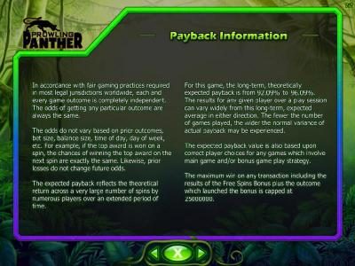Payback Information - This game has a theoretical payback of 92.09% to 96.09%