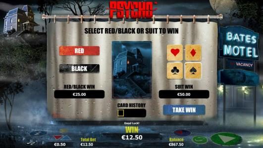 Gamble feature is available after each winning spin. Select color or suit to play.