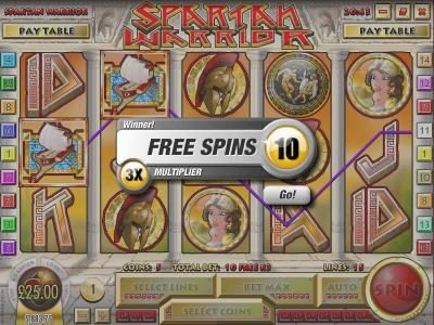 three spartan helmet icons triggers 10 free spins with a 3x multiplier