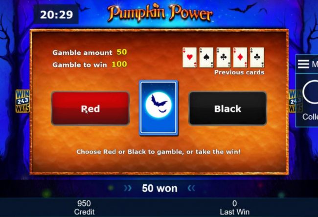 Gamble Feature - To gamble any win press Gamble then select color Red or Black.