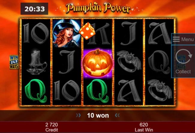 Landing a pumpkin scatter symbol on the center reel will pop dice for an extra bonus win.