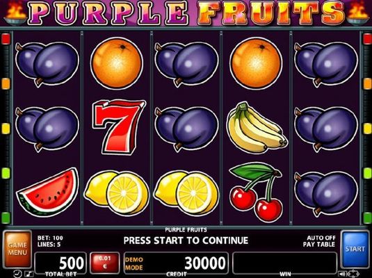A fruit themed main game board featuring five reels and 5 paylines with a $500,000 max payout