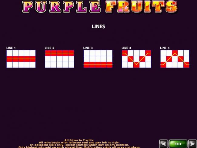 Payline Diagrams 1-5. All wins begin with the leftmost reel and pay left to right on adjacent reels only, except scatters which pay on any position.