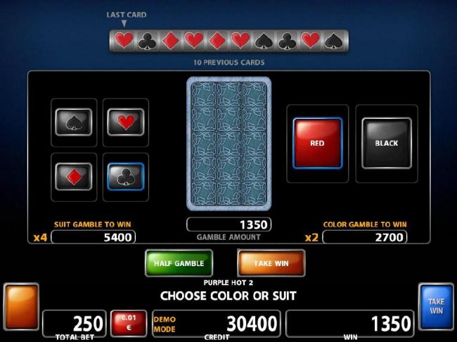 Double Up gamble feature is available after every winning spin. Select the correct color or suit for a chance to double your winnings.