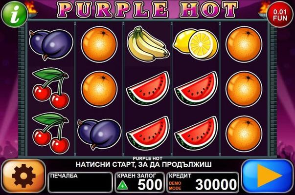 A fruit themed main game board featuring five reels and 5 paylines with a $500,000 max payout