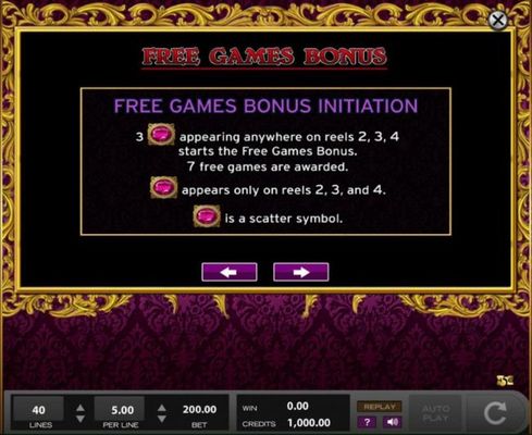 3 scatter symbols anywhere on reels 2, 3 and 4 starts the Free Games bonus. 7 free games are awarded.