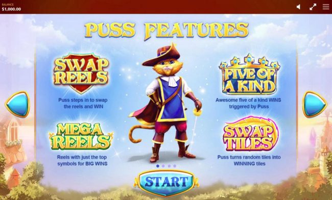 Game features include: Swap Reels, Mega Reels, Five of a Kind and Swap Tiles.
