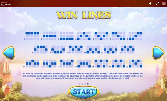 Payline Diagrams 1-20. All wins are paid when a symbol matches a payline pattern from the leftmost side of the reels.