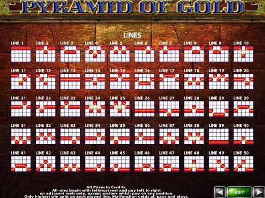 Payline Diagrams 1-50. All wins begin with the leftmost reel and pay left to right on adjacent reels only, except scatters which pay on any position.