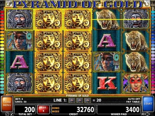 Stacked Gold Idol wild symbols on reels 2 and 3 activate multiple winning paylines leading to an 3400 coin big win.