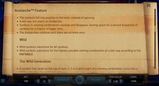 Avalanche Feature game rules and Wild symbol rules