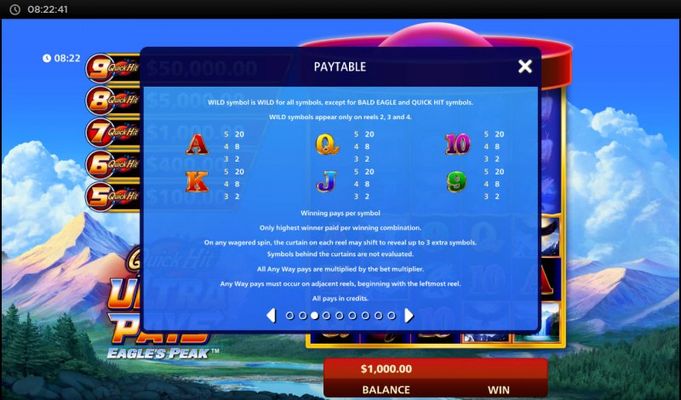 Quick Hit Ultra Pays Eagle's Peak :: Paytable - Low Value Symbols
