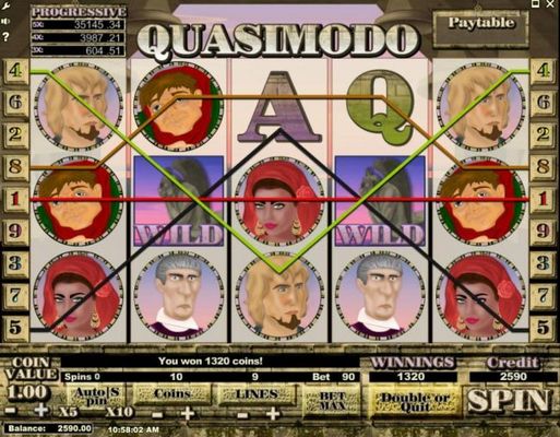 A couple of wild symbols on reels 2 and 4 trigger multiple winning paylines leading to a 1320 coin payout.