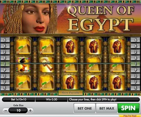 An Egyptian themed main game board featuring five reels and 9 paylines with a $100,000 max payout