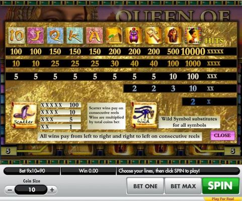 Slot game symbols paytable featuring ancient Egyptian themed icons.