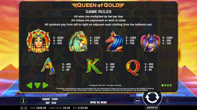Slot game symbols paytable featuring ancient Egyptian inspired icons.