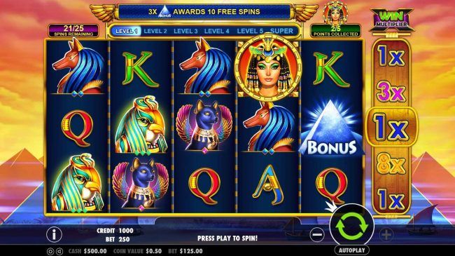 Player can manually move the gold ring to any reel position prior to spinning the reels. If a Cleopatra symbol lands on the selected reel position, player collects 1 point. Player must collect 5 points in order to level up to the next level. Player has 25