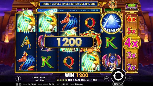 A 1200 coin big win triggered by a four of a kind in conjunction with a 4x multiplier.